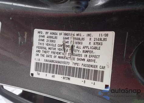 2009 Acura Tl 3.5 (A5) from USA, damaged, VIN 19UUA86249A015373
